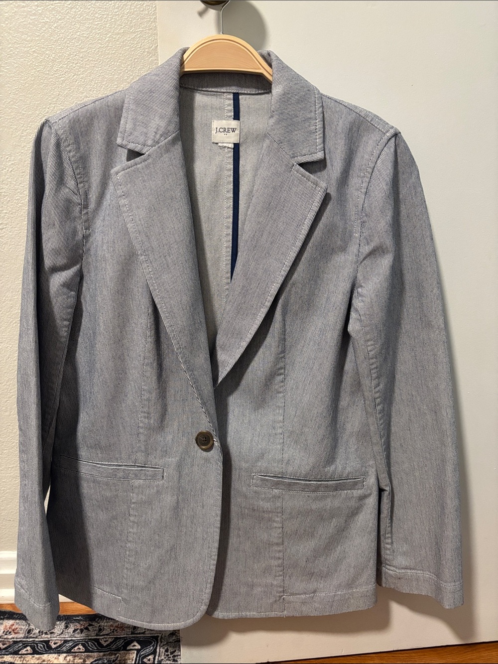 J. Crew Women's Light Blue and White Micro Striped Single-Button Blazer